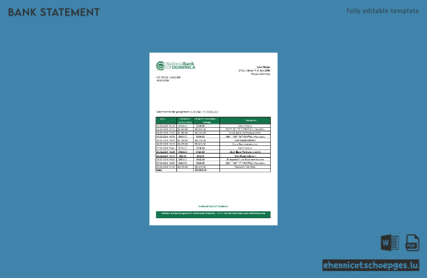Beispiel-Excel-Vorschau eines Kontoauszugs der Dominica National Bank of Dominica